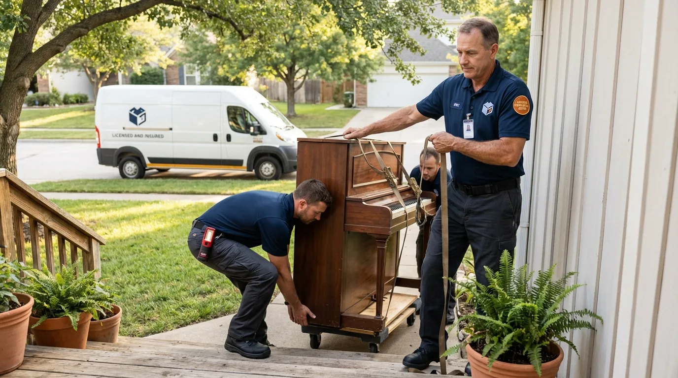 Licensed piano movers securing grand piano in Warrensburg, NY