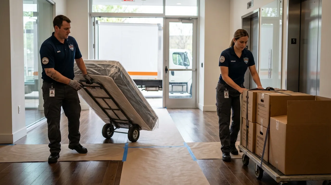 Professional apartment movers loading elevator in Warrensburg, NY
