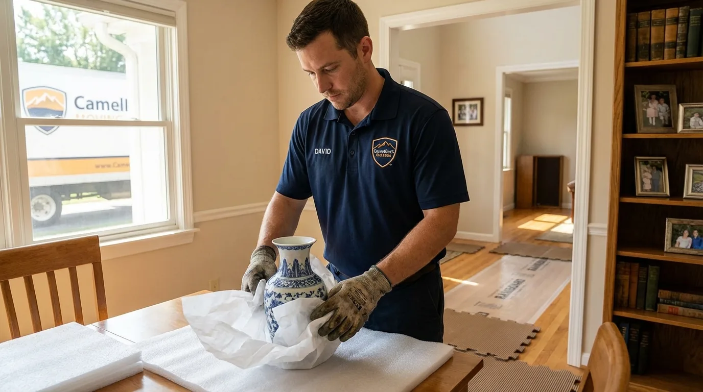 Professional crew carefully wrapping antique vase for senior downsizing move in Warrensburg, NY